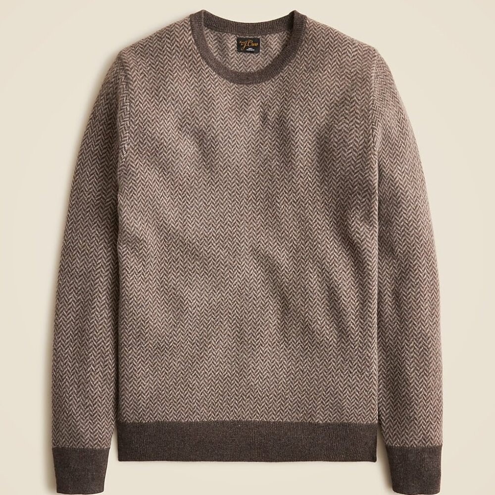 J. Crew Cashmere herringbone jacquard crewneck sweater, brown, Men's Large